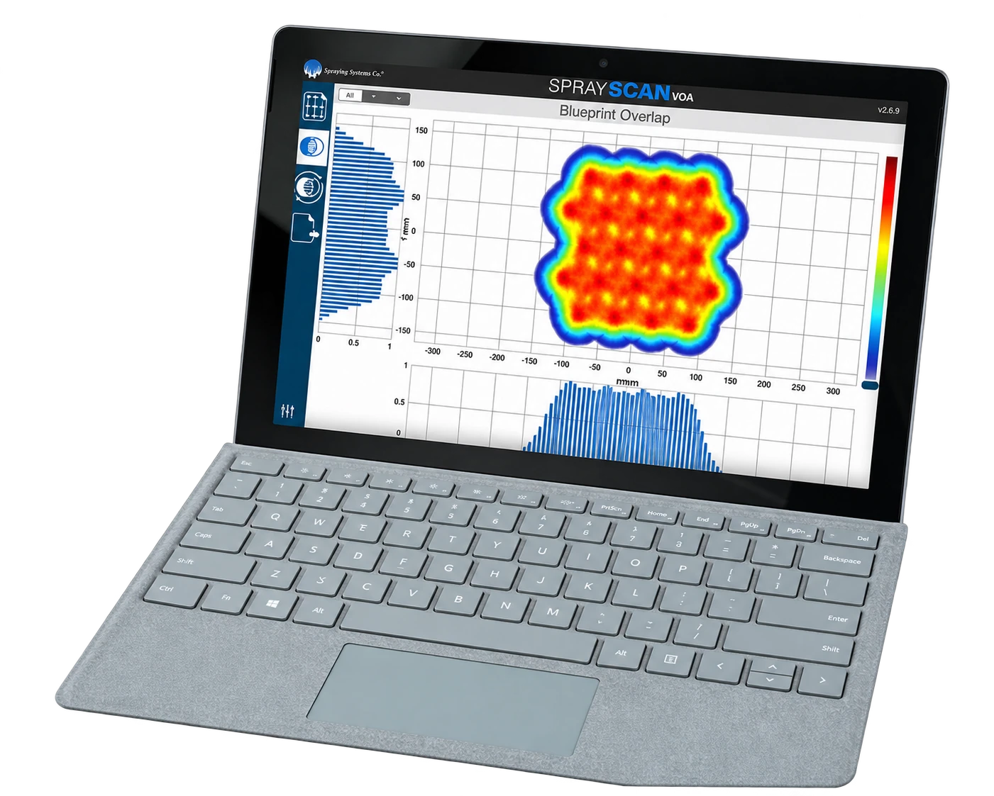 SprayScan VOA software showing a blueprint overlap heatmap on a laptop